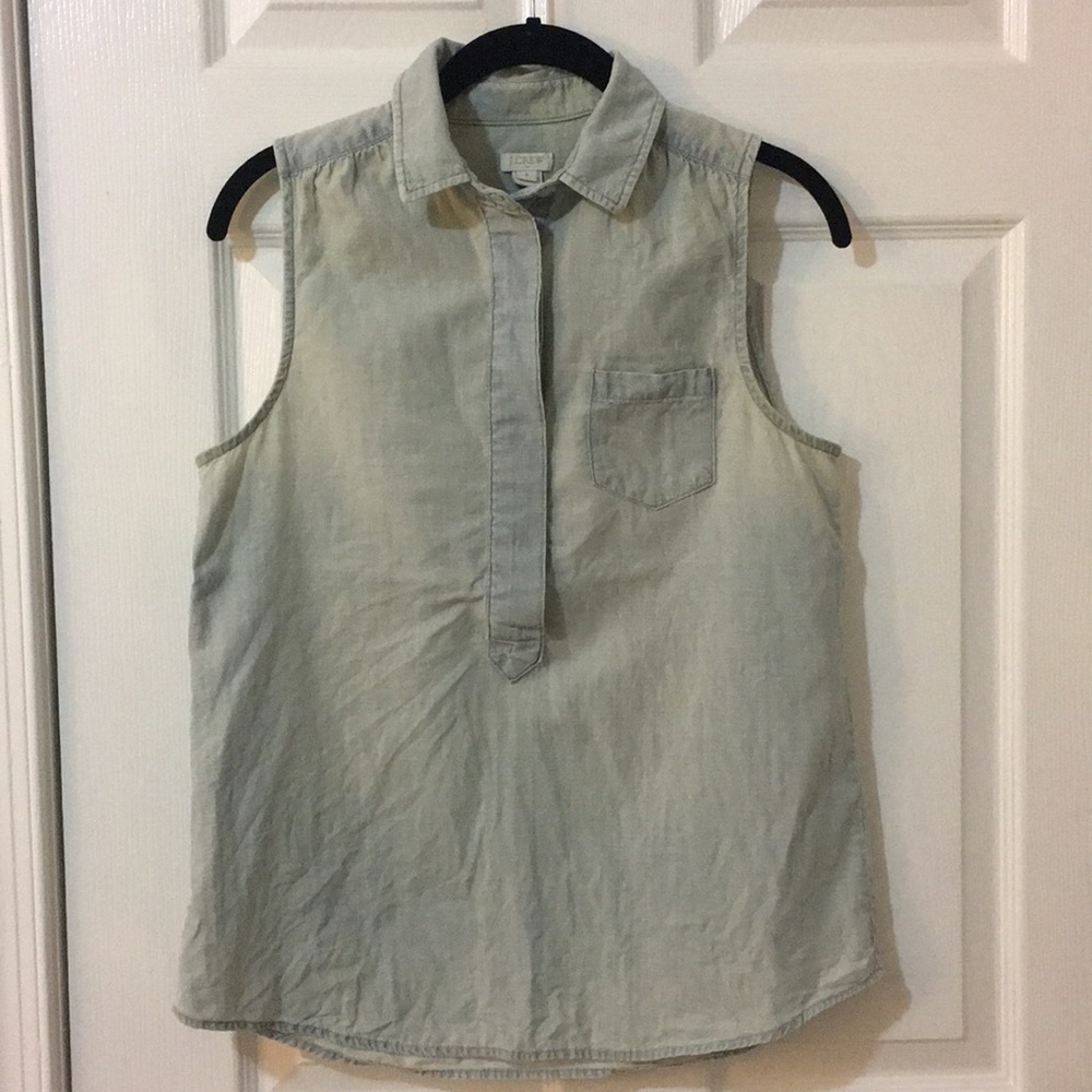 J. Crew sleeveless light wash chambray shirt.
